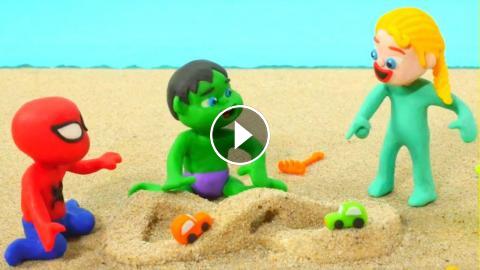 Superhero Babies Play with Sand - Hulk & Frozen Elsa Play Doh Cartoons -  Stop Motion Movies